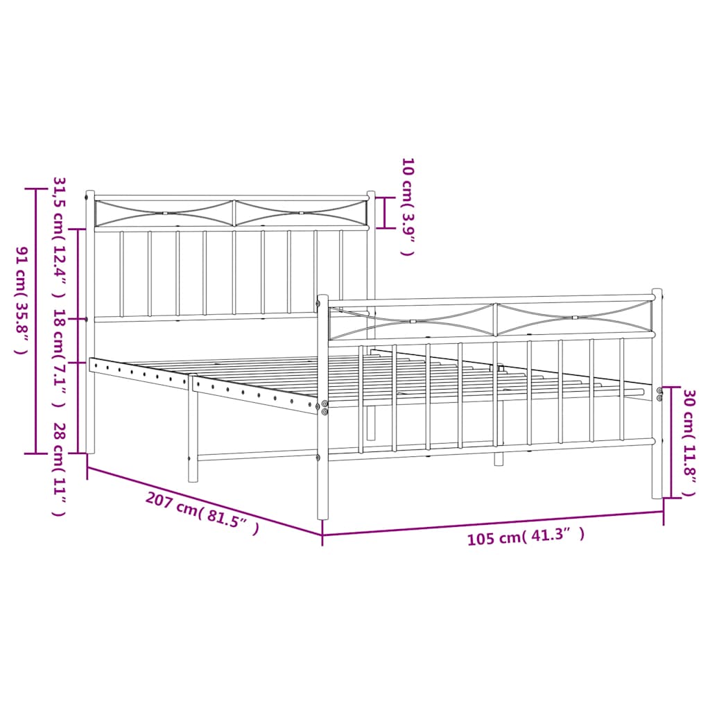 Bed frame with head and footboard metal black 100x200 cm