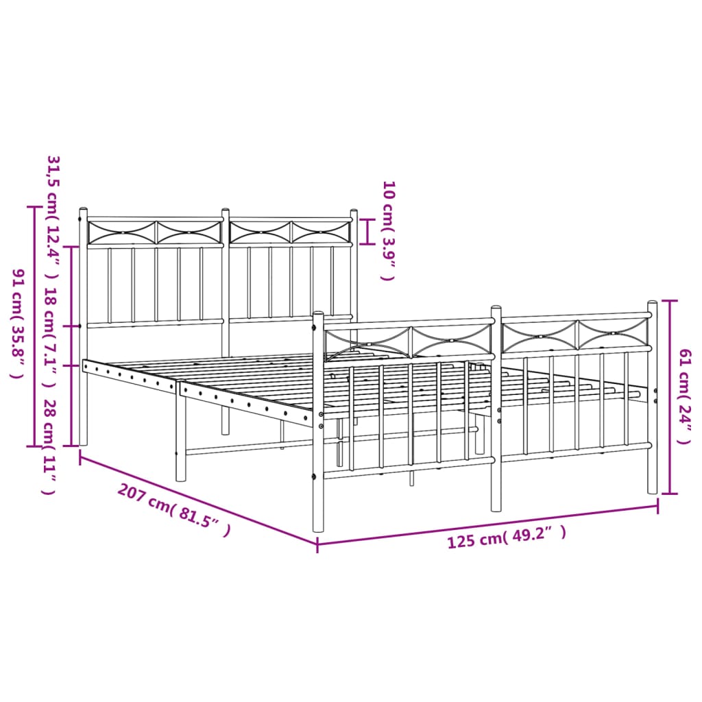 Bed frame with head and footboard metal black 120x200 cm