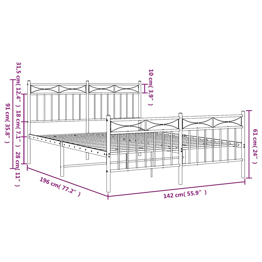 Bed frame with head and footboard metal black 135x190 cm