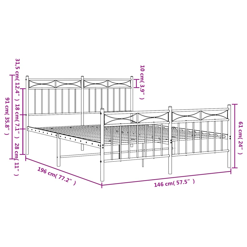 Bed frame with head and footboard metal black 140x190 cm