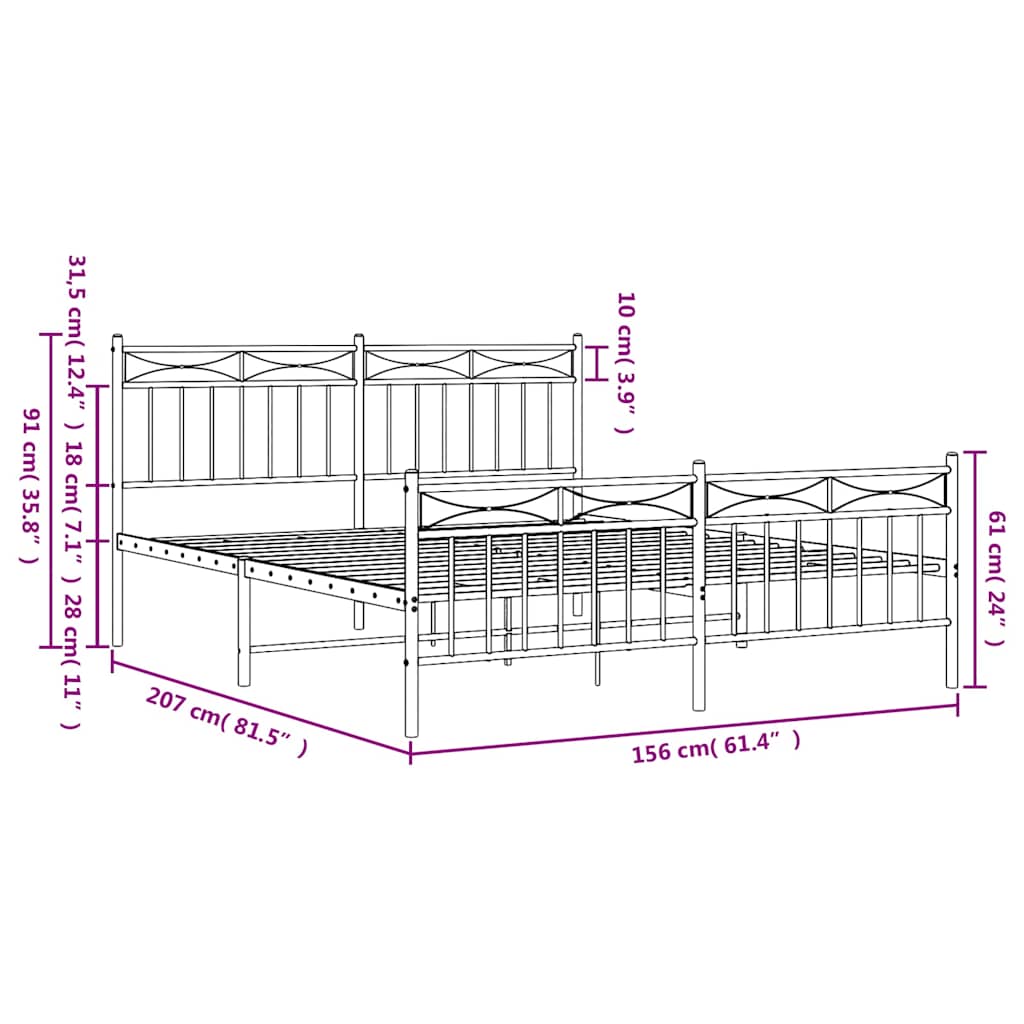 Bed frame with head and footboard metal black 150x200 cm