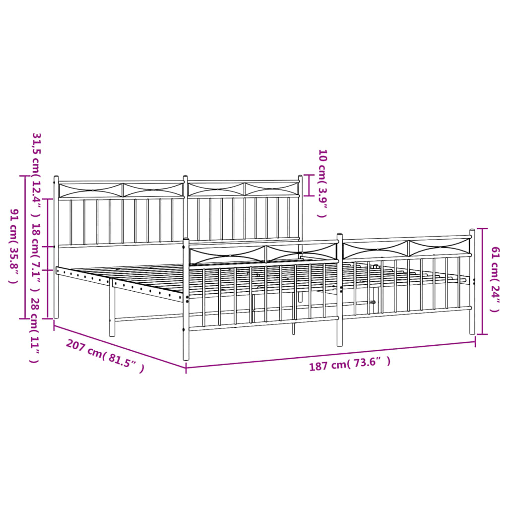 Metal bed without mattress with footboard Black 180x200 cm