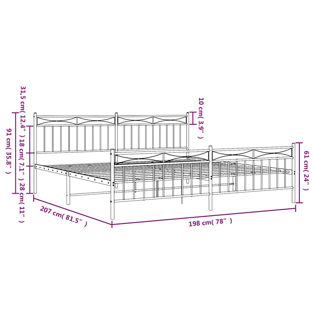 Bed frame with head and footboard metal black 193x203 cm