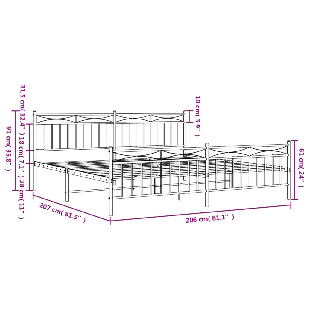 Bed frame with head and footboard metal black 200x200 cm