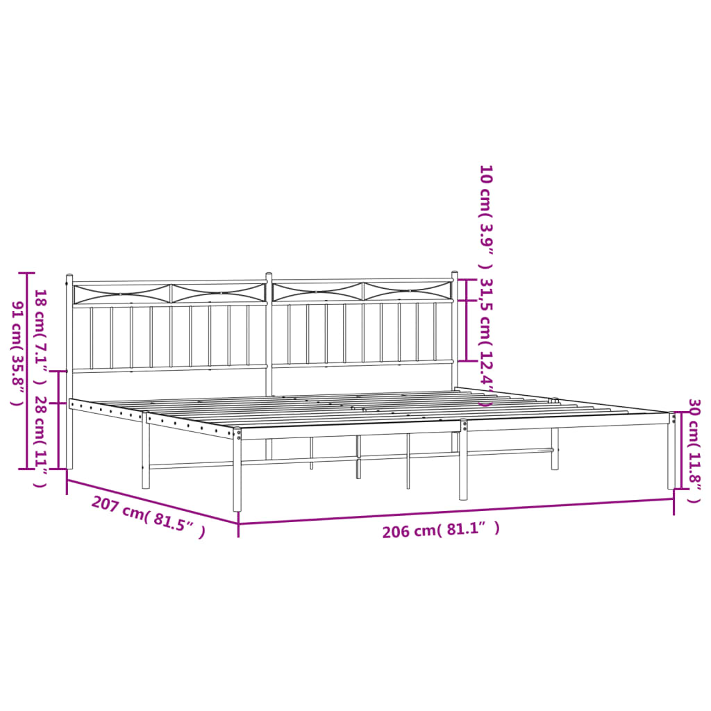 Bed frame with headboard metal white 200x200 cm