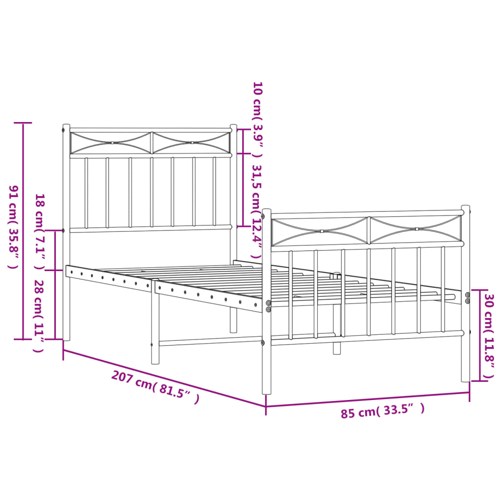 Bed frame with head and footboard metal white 80x200 cm