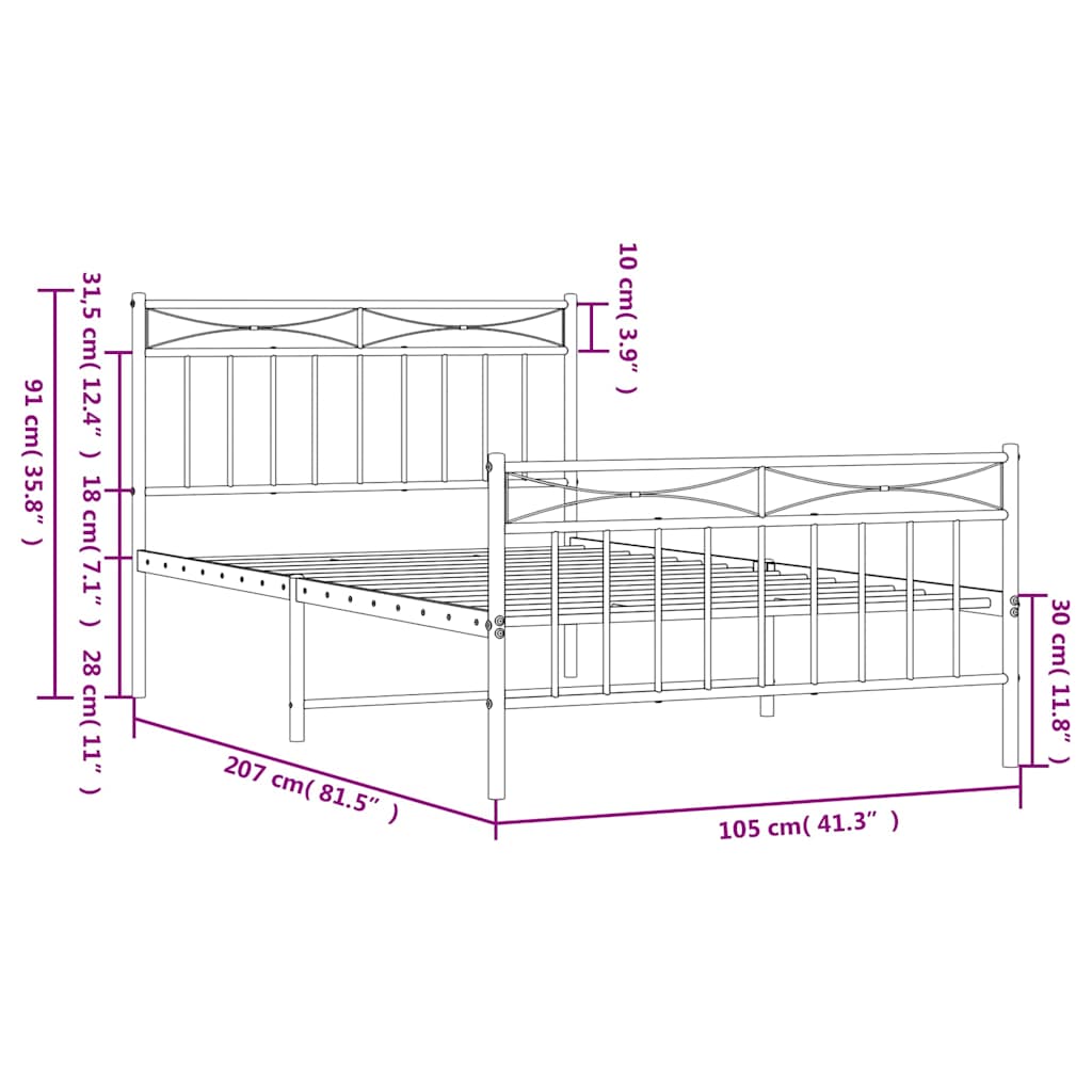 Bed frame with head and footboard metal white 100x200 cm