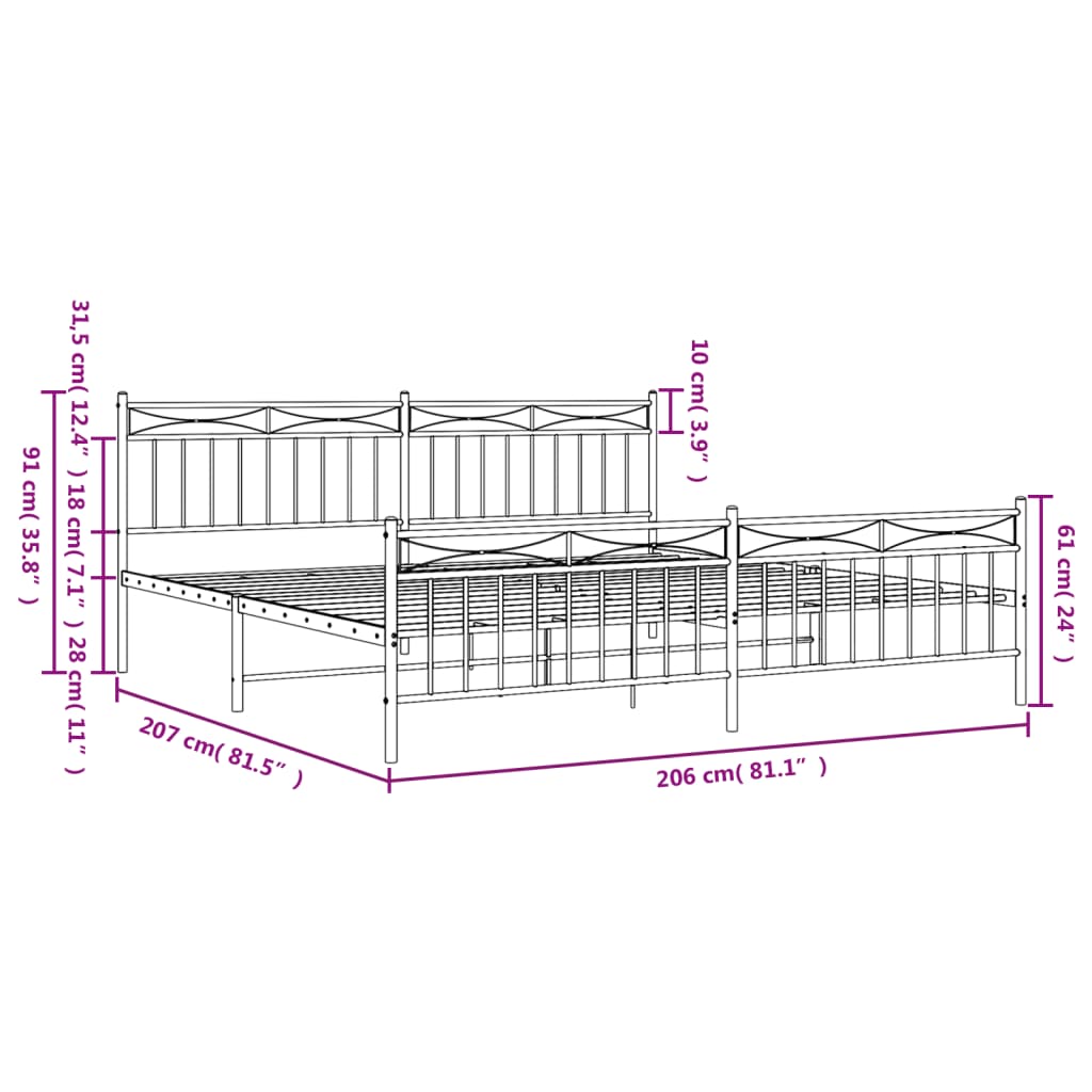 Bed frame with head and footboard metal white 200x200 cm