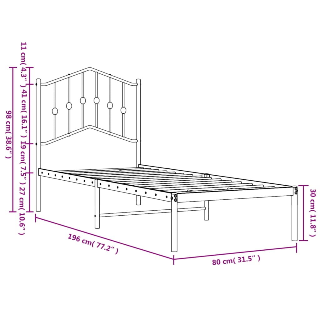 Bed frame with headboard metal black 75x190 cm