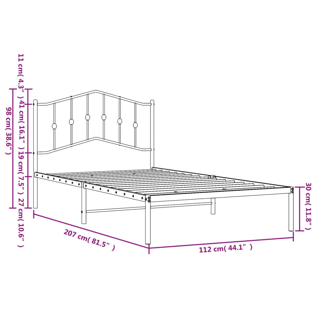 Bed frame with headboard metal black 107x203 cm