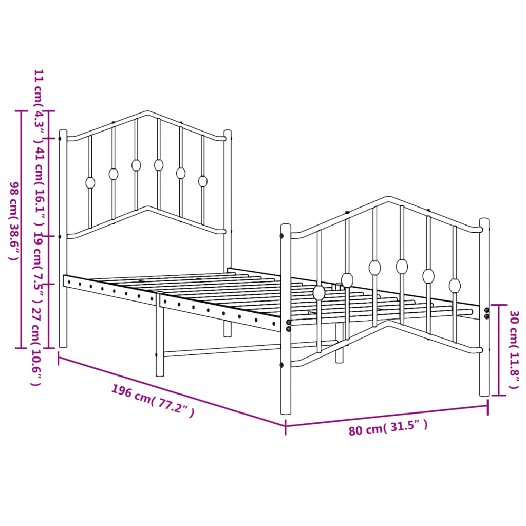 Bed frame with head and footboard metal black 75x190 cm