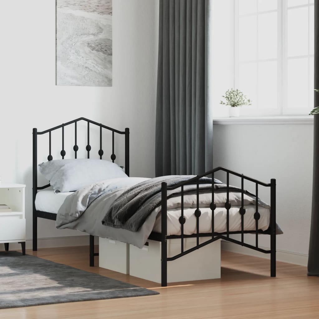 Bed frame with head and footboard metal black 75x190 cm