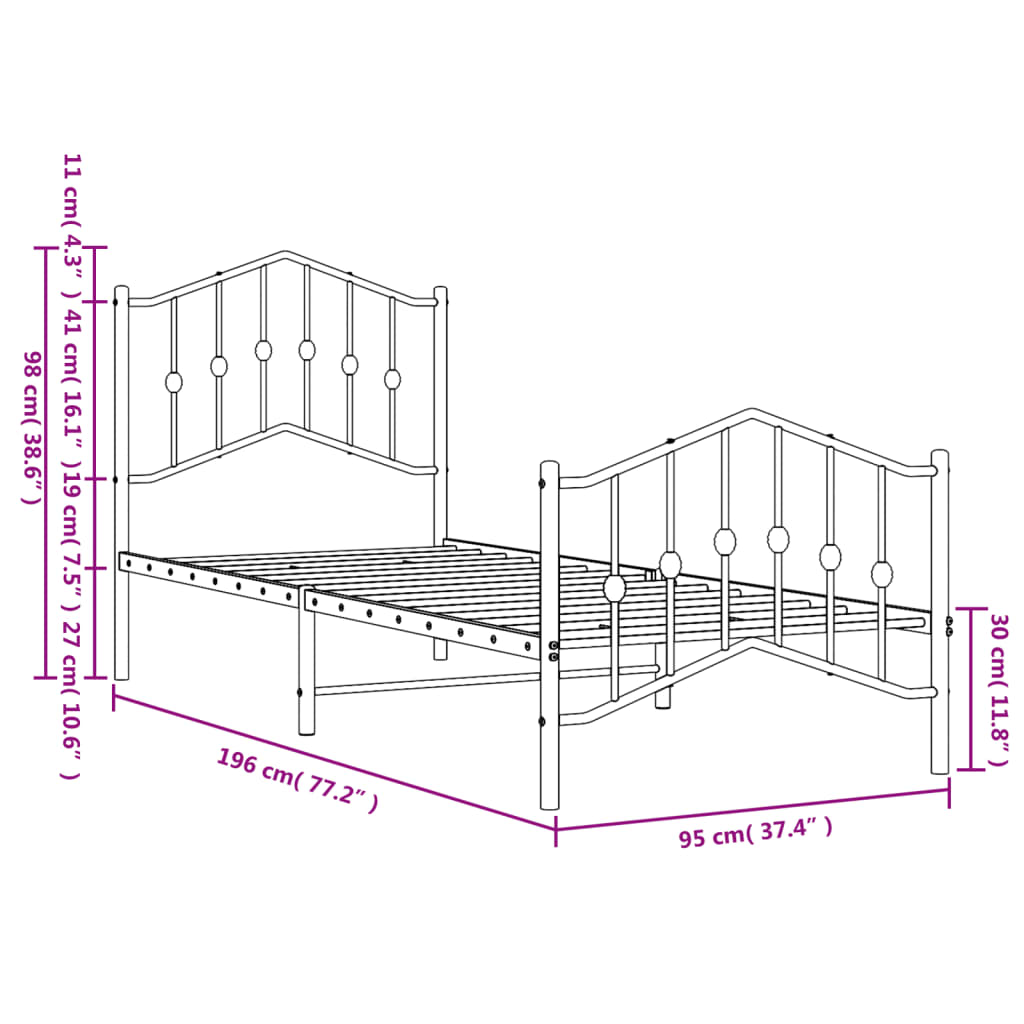 Bed frame with head and footboard metal black 90x190 cm