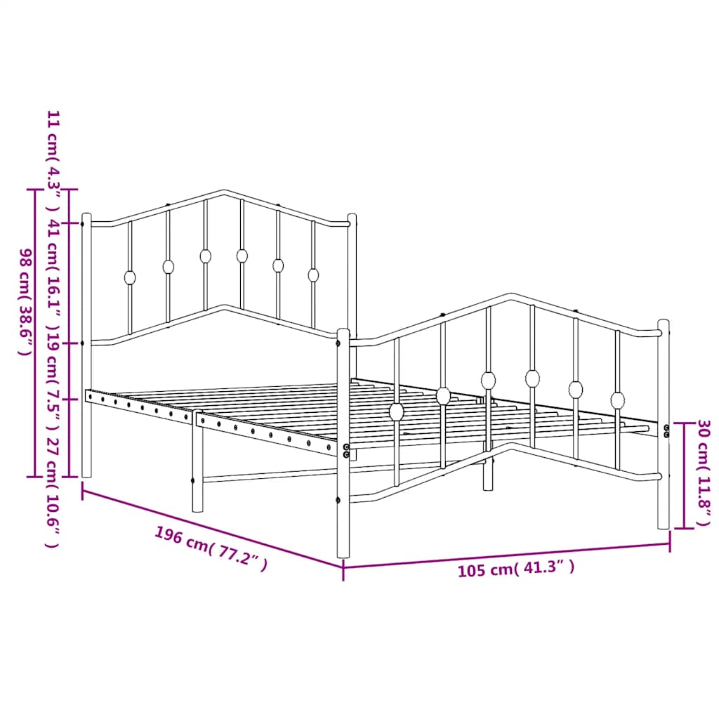 Bed frame with head and footboard metal black 100x190 cm