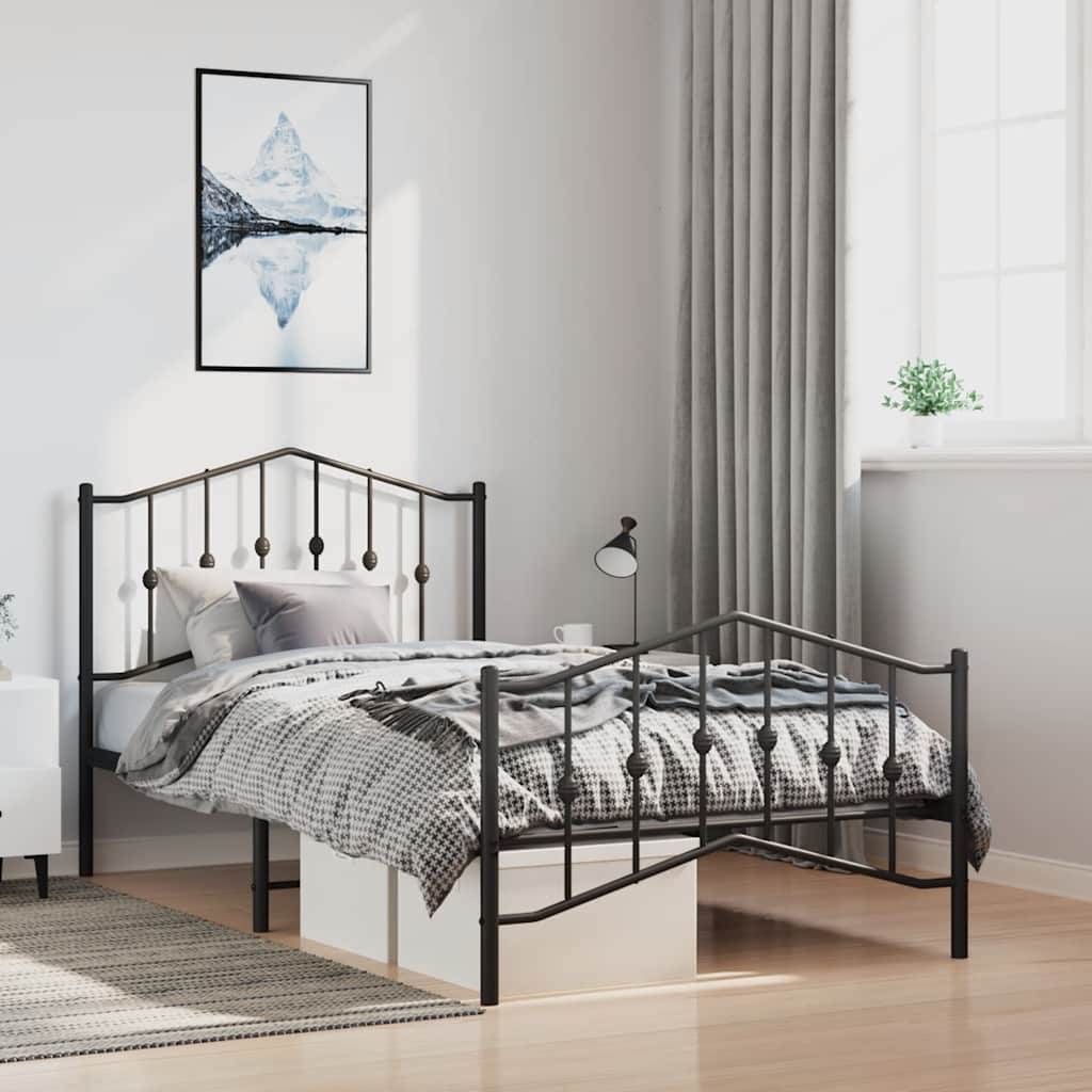 Bed frame with head and footboard metal black 100x190 cm