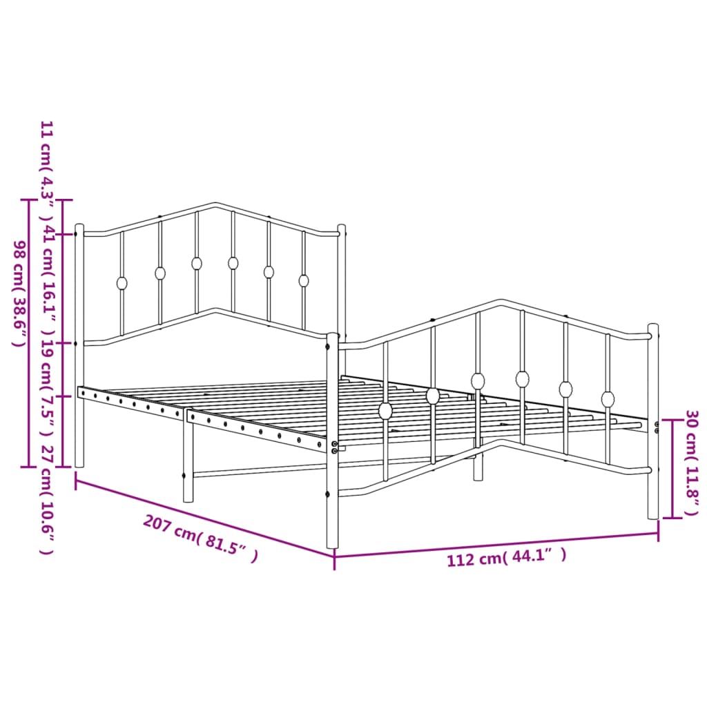 Bed frame with head and footboard metal black 107x203 cm