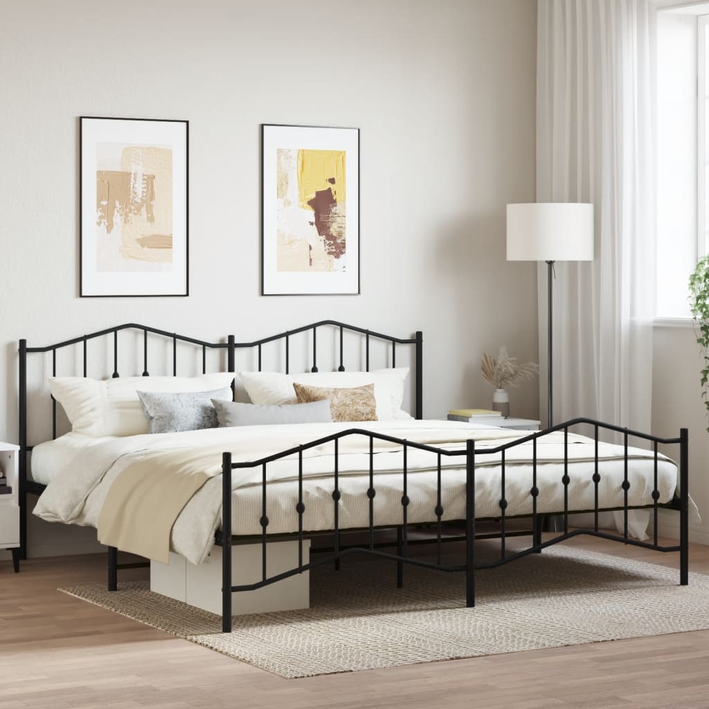 Bed frame with head and footboard metal black 193x203 cm