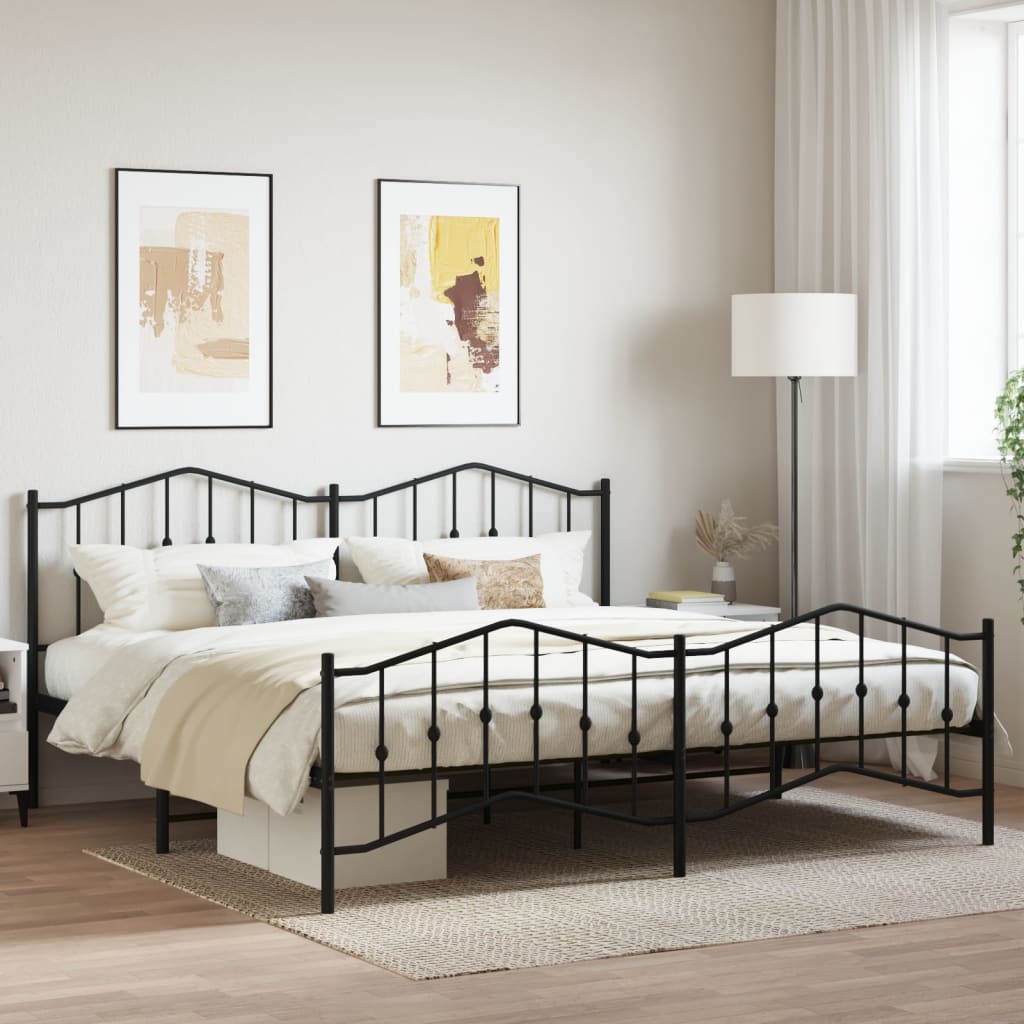 Bed frame with head and footboard metal black 200x200 cm