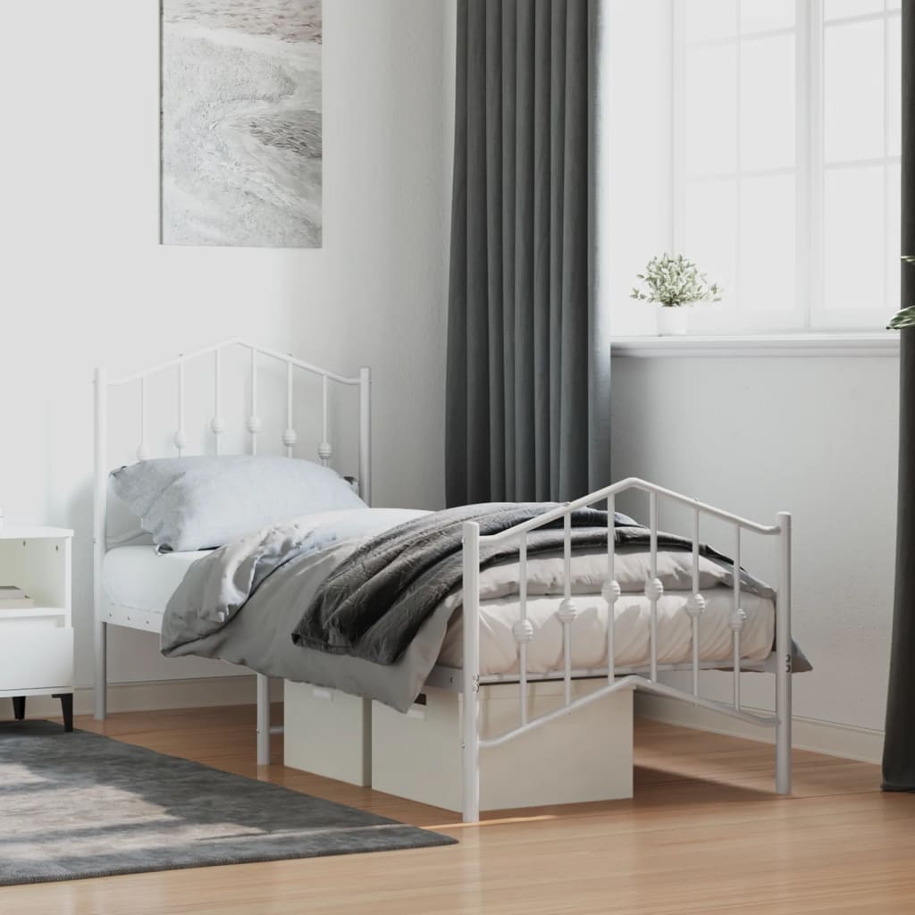 Bed frame with head and footboard metal white 75x190 cm