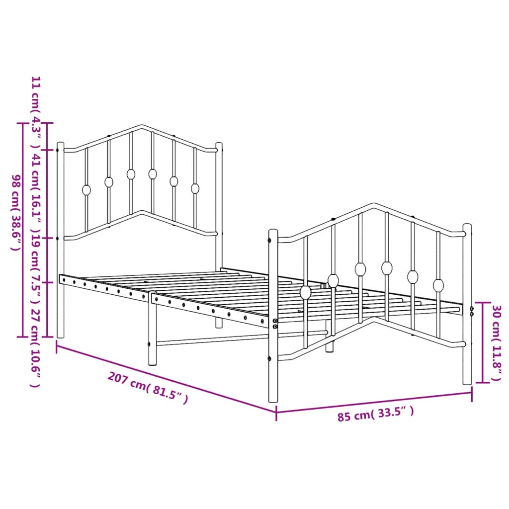 Bed frame with head and footboard metal white 80x200 cm