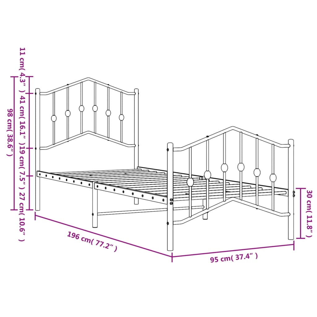 Bed frame with head and footboard metal white 90x190 cm