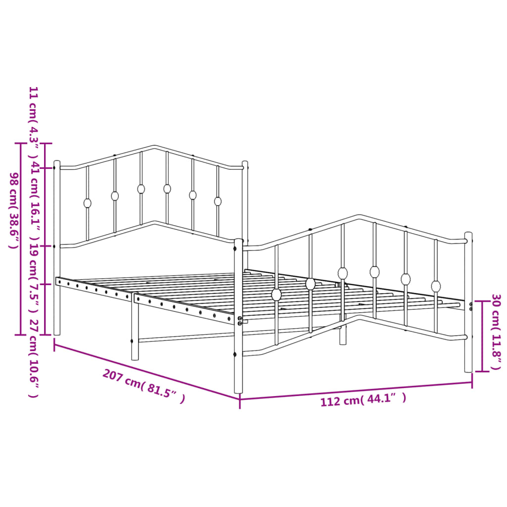 Bed frame with head and footboard metal white 107x203 cm