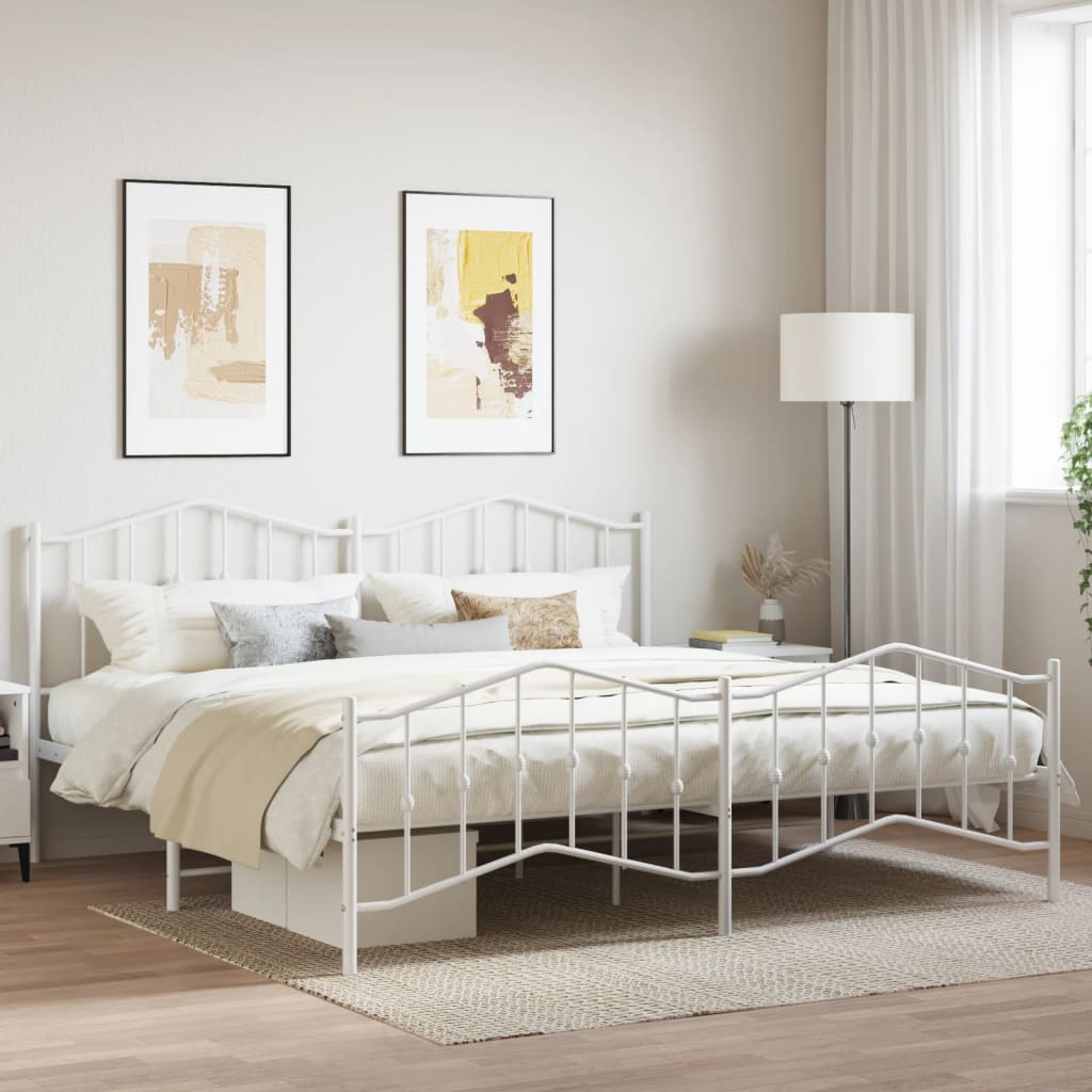 Bed frame with head and footboard metal white 200x200 cm