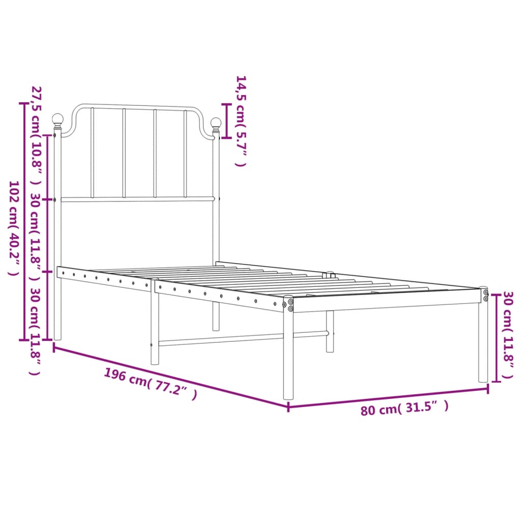 Bed frame with headboard metal black 75x190 cm