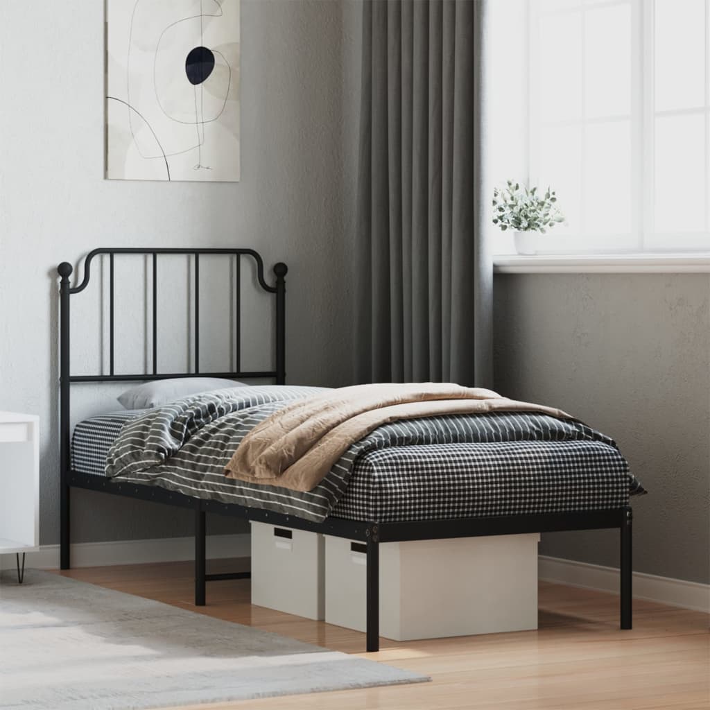 Bed frame with headboard metal black 75x190 cm