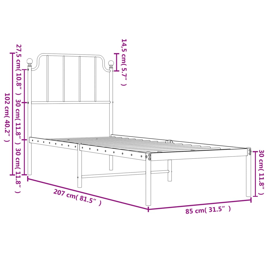 Bed frame with headboard metal black 80x200 cm