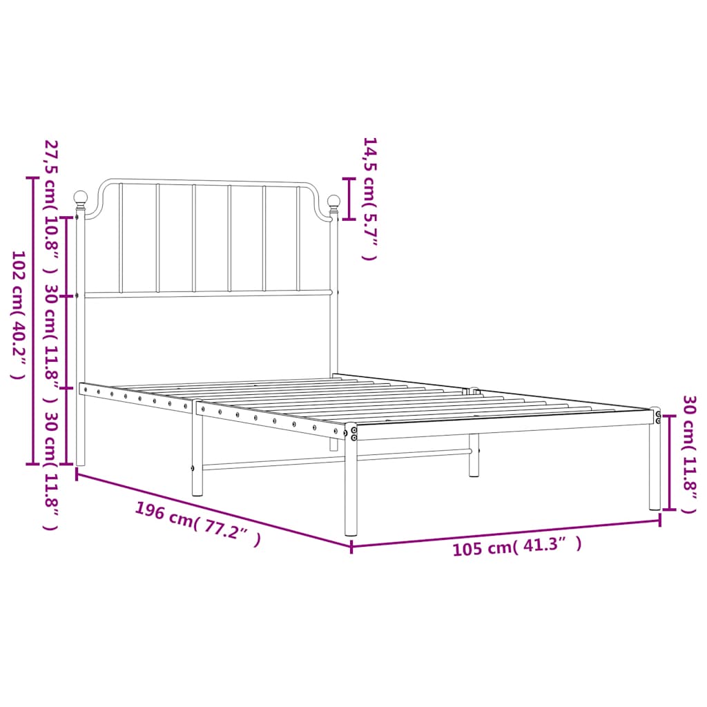 Bed frame with headboard metal black 100x190 cm