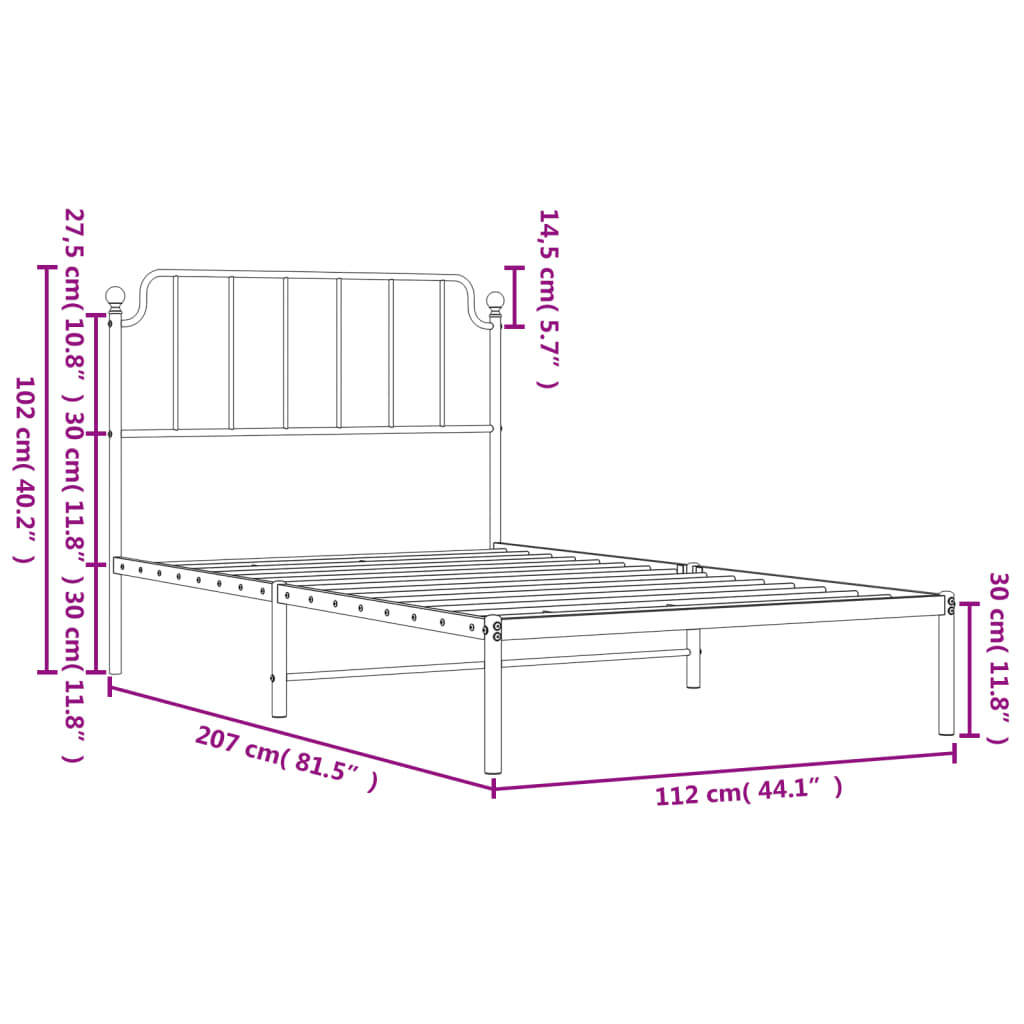 Bed frame with headboard metal black 107x203 cm