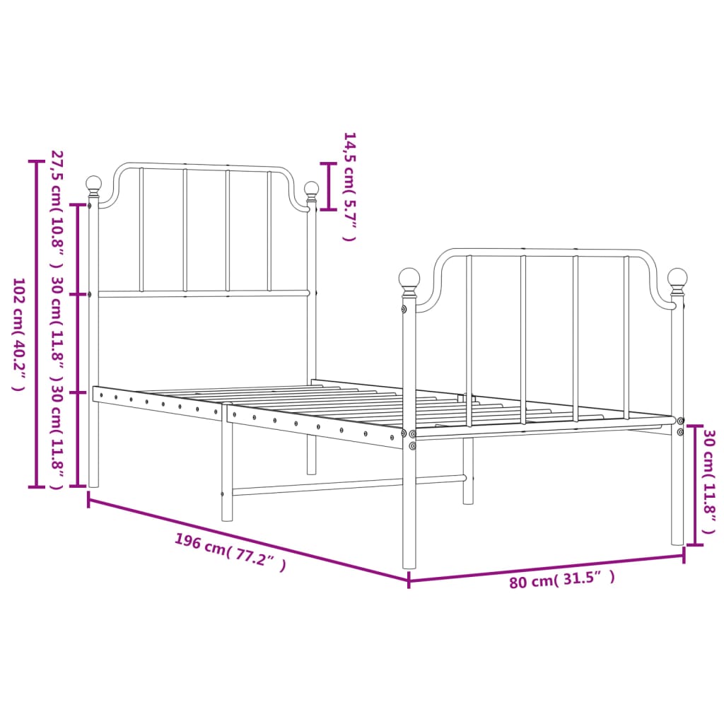 Bed frame with head and footboard metal black 75x190 cm