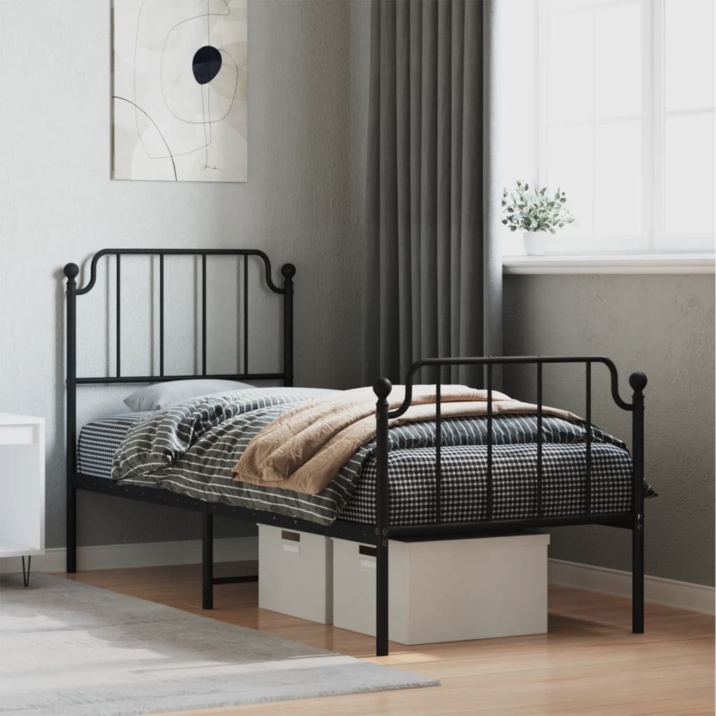 Bed frame with head and footboard metal black 75x190 cm