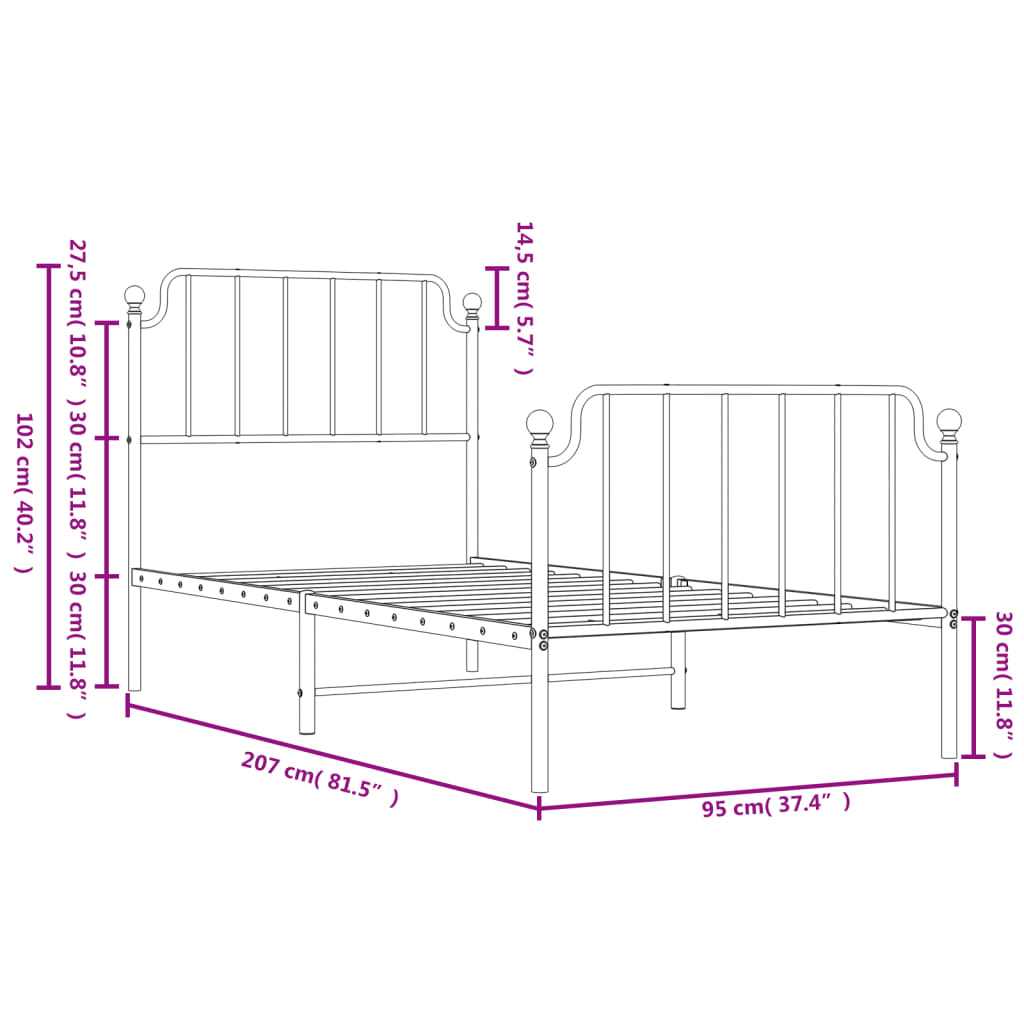 Bed frame with head and footboard metal black 90x200 cm