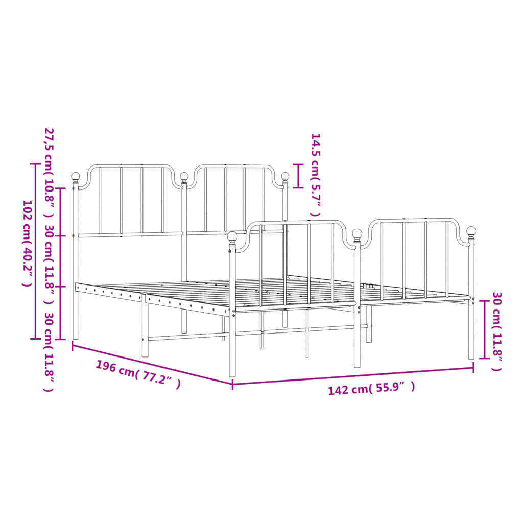 Bed frame with head and footboard metal black 135x190 cm