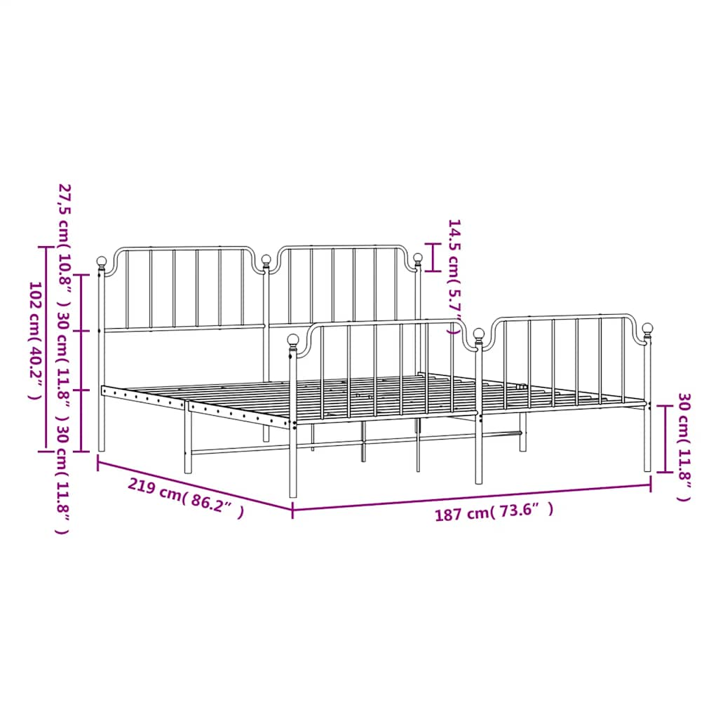 Bed frame with head and footboard metal black 183x213 cm