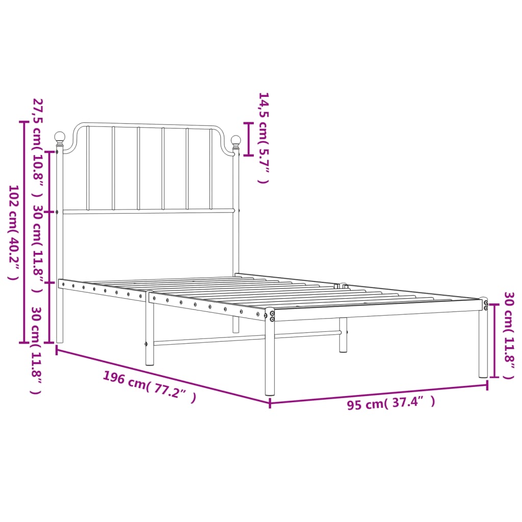 Bed frame with headboard metal white 90x190 cm