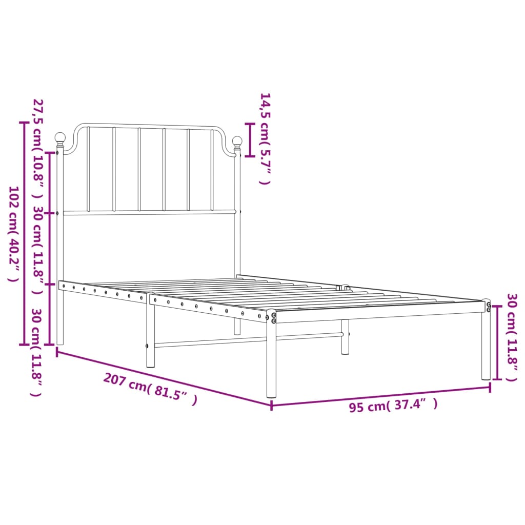 Bed frame with headboard metal white 90x200 cm