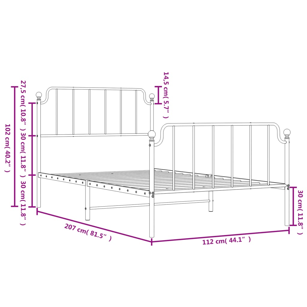 Bed frame with head and footboard metal white 107x203 cm