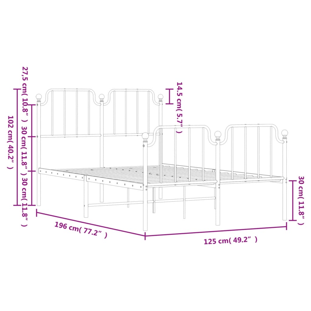 Bed frame with head and footboard metal white 120x190 cm