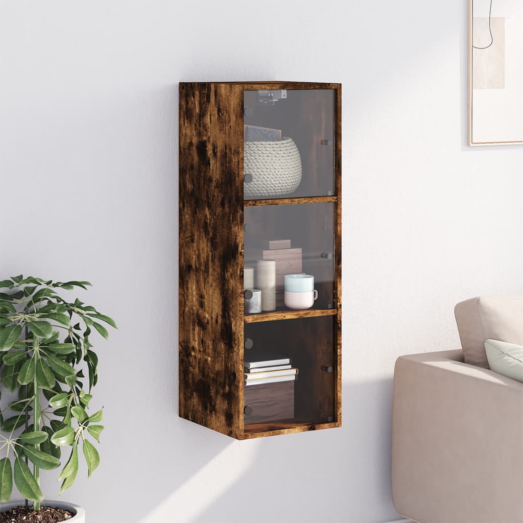 Wall cabinet with glass doors smoked oak 35x37x100 cm