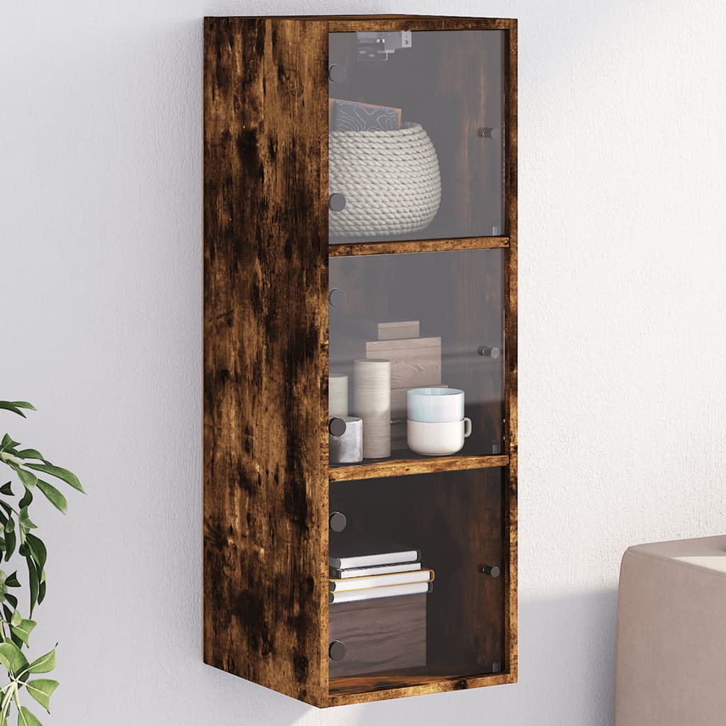 Wall cabinet with glass doors smoked oak 35x37x100 cm