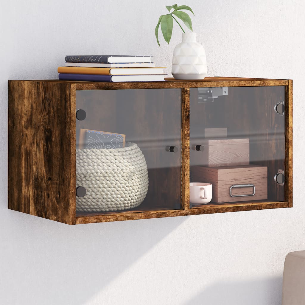 Wall cabinet with glass doors smoked oak 68.5x37x35 cm