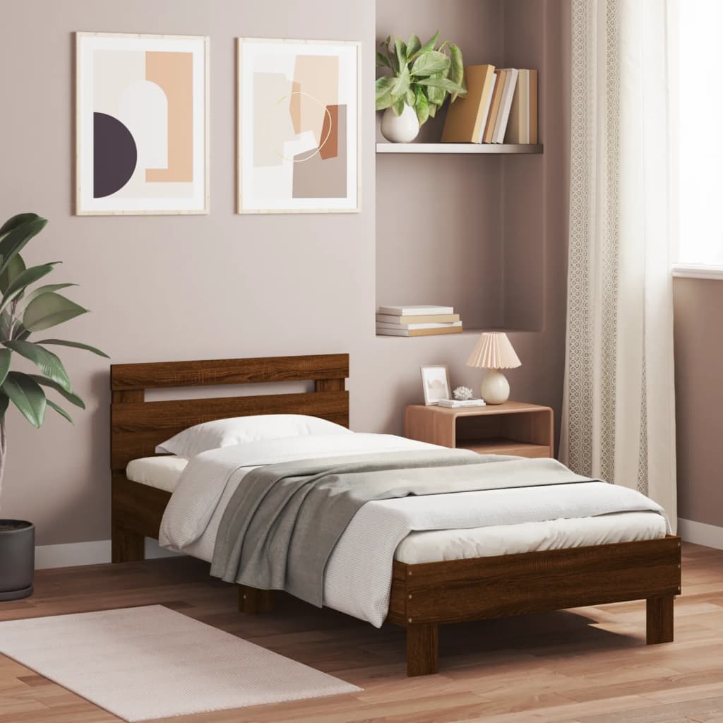 Bed frame without mattress with headboard brown oak 90x190 cm