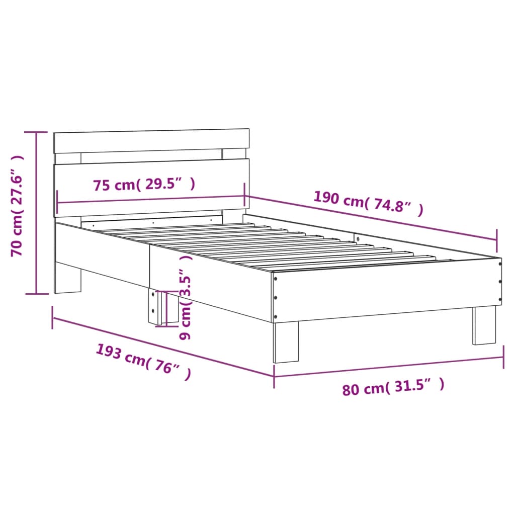 Bed frame with headboard black 75x190 cm wood material