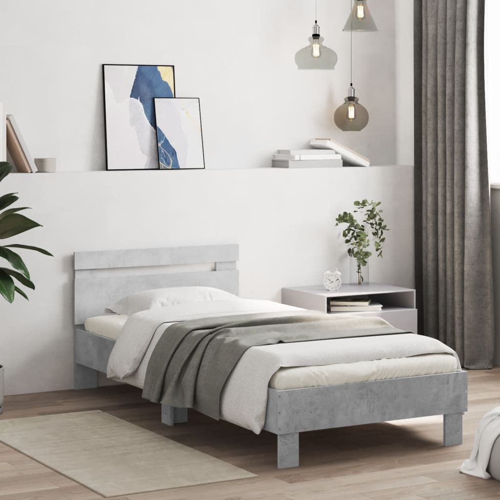 Bed frame with headboard concrete grey 75x190 cm wood material