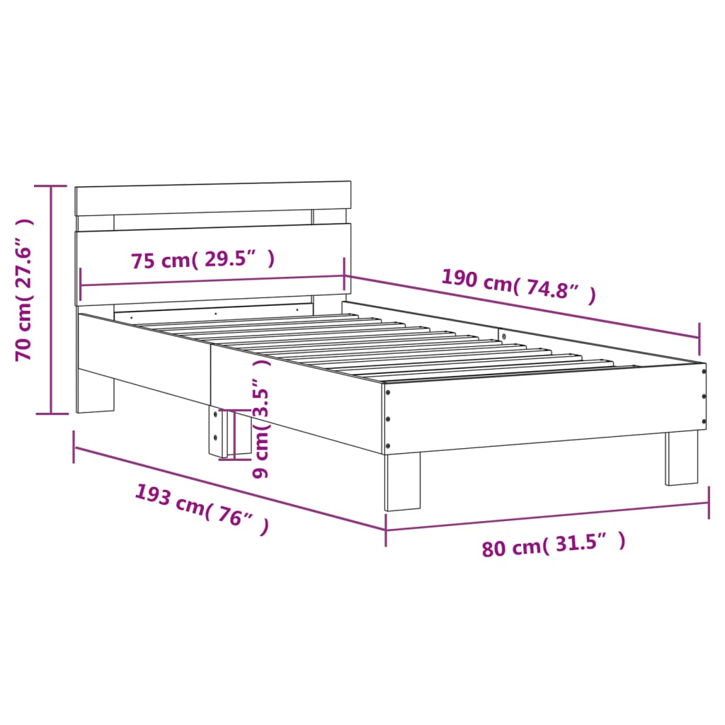 Bed frame with headboard smoked oak 75x190 cm wood material