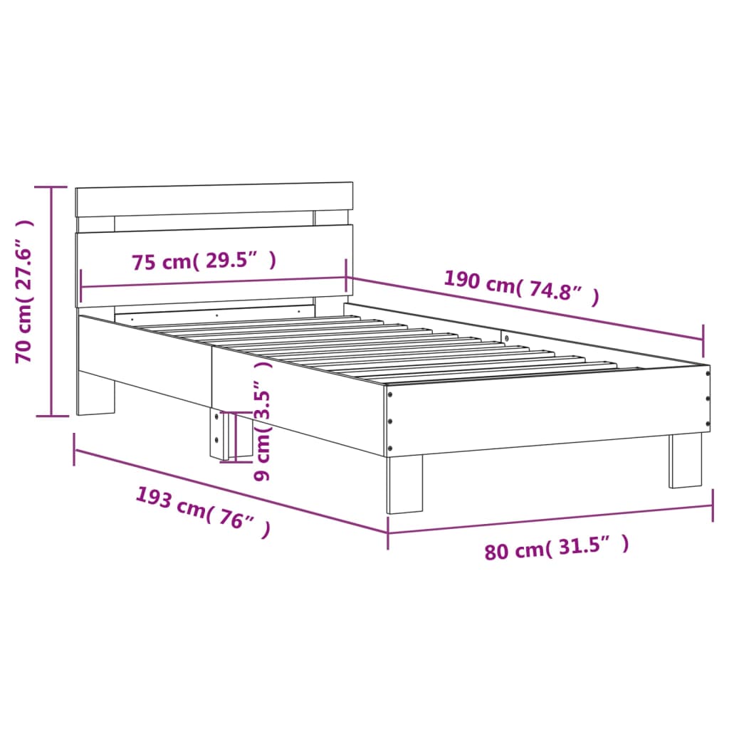 Bed frame without mattress with headboard brown oak 75x190 cm