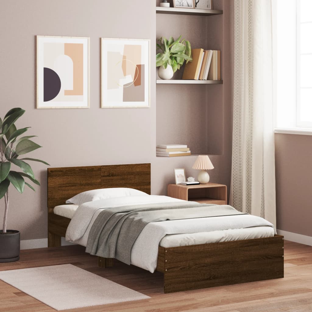 Bed frame without mattress with headboard brown oak 100x200 cm